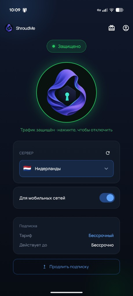 Приложение ShroudMe: статус Подключено